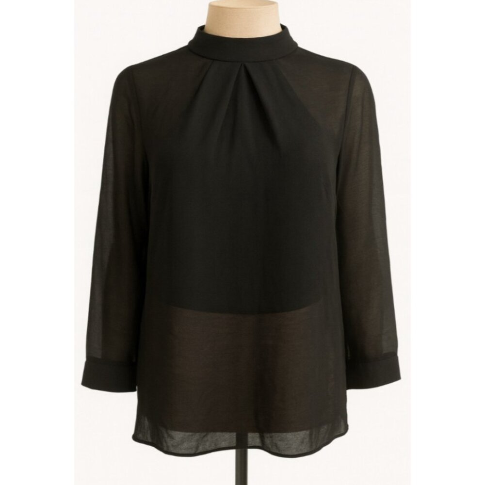 Guess Sheer Black Top Zip Back Long Sleeves Sz L